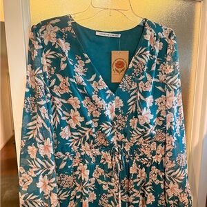 Collective Concepts Teal Dress with Pink Cream Blooms